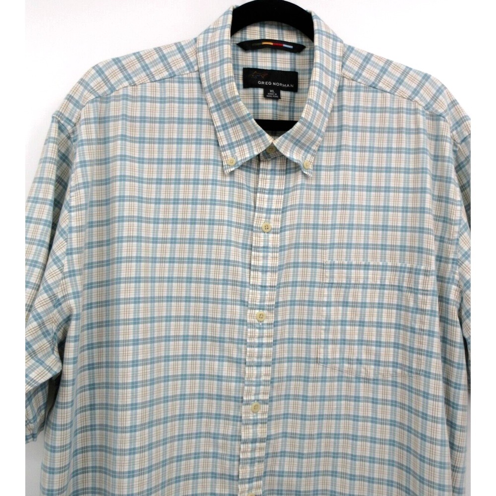 GREG NORMAN BUTTON FRONTā SHORT SLEEVE SHIRT Men's Size XL Light Blue Plaid